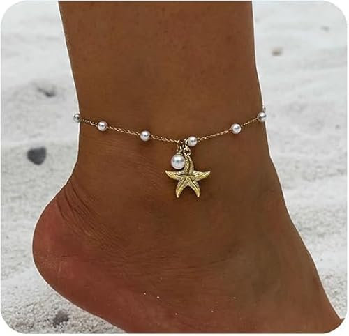 Hebterrka Gold Perle Seestern Fußkettchen Armband, 18K Gold Edelstahl Hawaiianisches Fußkettchen für Frauen