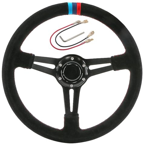 YEHERIT 14 Inch 350mm Universal Suede Racing Steering Wheel Sport Style Deep Steering Wheel with Horn Button, Cable, Wrench