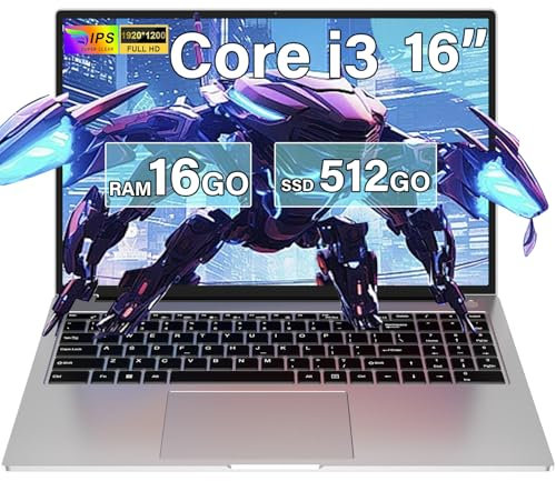 2025 Gaming Laptop 16 Zoll Win 11 16+512 GB Core i3-1000NG4 (bis zu 3,2 GHz) SSD mit 1-TB-Erweiterung,1200p FHD Display Notebook mit Nummerntastatur-Funkmaus und Deutscher-Tastaturgehäuse – Silber
