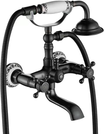 Rea Robinet de baignoire rustique ancien Mitigeur de baignoire noir avec douchette en laiton pour salle de bain chaude et froide réglable (noir mat)