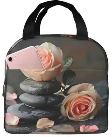 TTYDOKLA Bolsa de almuerzo aislada unisex con estampado de piedras y rosas de spa, lonchera de tela Oxford de alta densidad