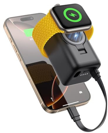JOYROOM 5000mAh Mini Powerbank für iPhone und Apple Watch,[USB C auf iOS Dual Port Ladekabel], Tragbares Ladegerät mit iPhone17/16/15/14/13 und iWatch Series11/10/9/8/7/6/SE/4/3/2/Ultra2/Ultra-Schwarz