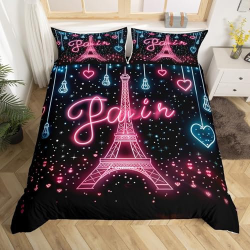 Homewish Paris Bettbezug Set Eiffelturm 135x200 Bettwäsche Sets,Glitter Diamant Herzen Tröster Abdeckung Romantische Frankreich Bett Set,Stadtgebäude Zimmer Dekor
