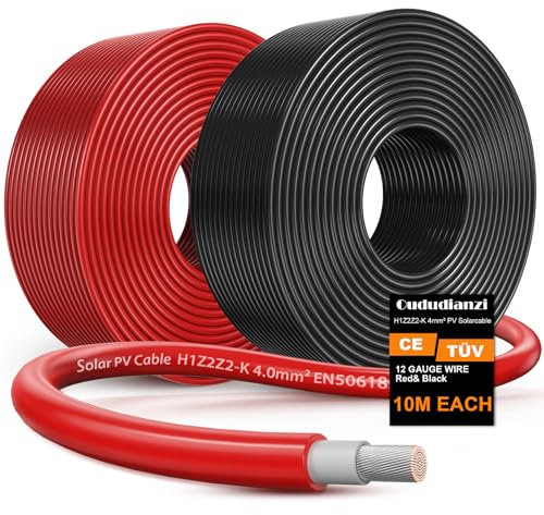 Oududianzi Solar Cable 4mm2 10m, H1Z2Z2-K Cable Placa Solar 4mm, Cable Fotovoltaico 4mm, Cable de Extensión Solar Para Sistemas Solares Fotovoltaicos (10m negro+10m rojo)