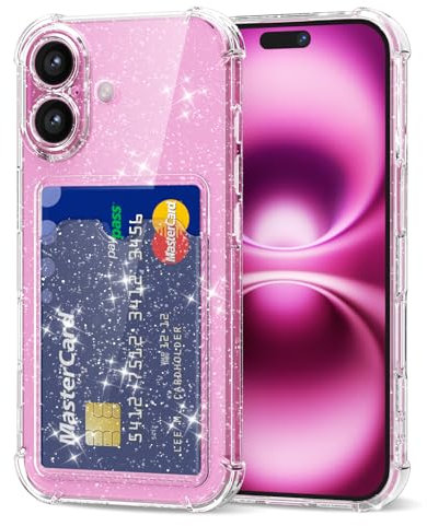 Svanove for iPhone 16 Plus Case Wallet Clear Glitter, Transparent Card Holder Case with Credit Card Slot, Bling Sparkle Cute Girly Thin Slim Soft Rubber Protective Shockproof Bumper for Women Girl