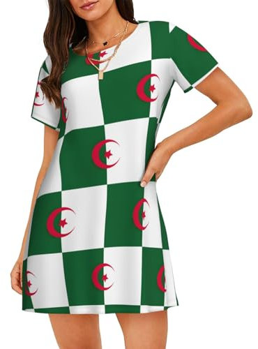 UVBDF Drapeau de l'Algérie Chemise de nuit élégante à manches courtes pour femme Imprimé décontracté, Noir , XL