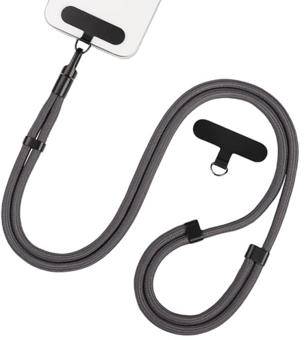 Segus Handy Kette zum Umhängen, 1 Stück 7mm Handykette Lang, Handyband Universal, mit 2 Stück Universelles Pad, Verstellbar und Abnehmbar, Handy Kette für Standard Handyhülle (Dunkelgrau)