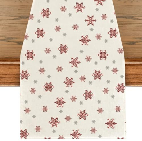 Rot Schneeflocken Weihnachten Tischläufer, Weihnachtlicher Tischdeko, Winter Schneeflocke Küche Tisch Dekoration Abwaschbar Tischläufer für Weihnachts Party Drinnen Draußen Urlaub Dekor 40x140cm