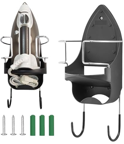 Luxvara Wall Mounted Ironing Board Holder, Electric Iron Holder, Wall Mount Iron Board Hanger Ironing Board Storage Organizer Shelf for Household Bathroom Laundry Room, with Removable Hooks (Black)