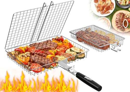 2PCS BBQ Grilling Basket with 1 Removable Wooden Handle, Stainless Steel