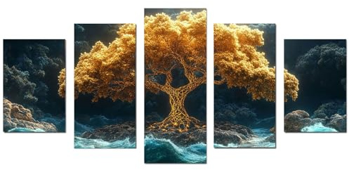 WIKEO 5 pezzi Albero della vita Quadro moderno Albero astratto semplice Quadretti da parete Decorazioni moderni muro per salotto, camera da letto, Corridoio(Oro 84)-60x125cm Non incorniciato
