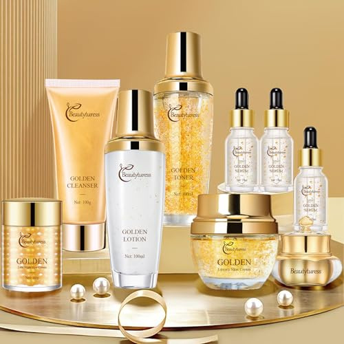 Golden Facial Skincare Kit for Women, Suitable for All Skin Types - Deep Moisturizing & Nourishing with Collagen, Ideal Christmas Gift - Anti-aging Skin Care Set