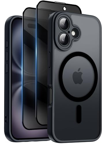 Qasyfanc for iPhone 16 Plus Case, Privacy Screen Protectors X2, Black | Compatible with MagSafe, Camera Protection, 15FT Military Drop Protection, Translucent Matte Shockproof Phone Cover