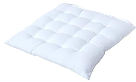 HOMESCAPES Seat Pad White 40 x 40 cm Indoor Garden Dining Chair Cushion with a Button Tie Handle to fix to Chair 100% Cotton Well Filled Easy Care Washable At Home