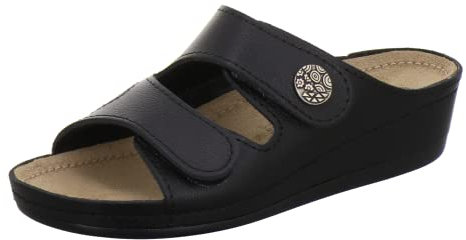 AFS-Schuhe 2095H, Comfort Pantolette Hallux Damen, hochweriges, echtes Leder, mit Klettverschluss und Keilabsatz Größe 38 EU schwarz Glattleder
