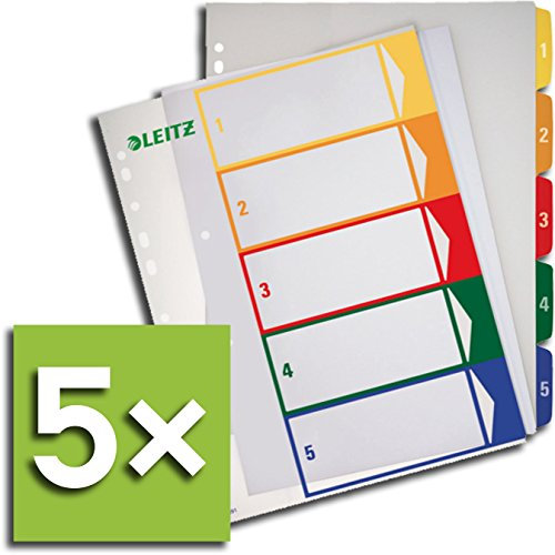Leitz PC-beschriftbares Register, A4, PP, extrabreit, mehrfarbig (Zahlen 1-5 / 5er Pack)