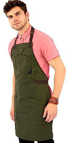 Under NY Sky Chef Apron – Professional Green Twill – Cotton Straps - Smart Pockets - Adjustable for Men and Women – Pro Chef, Cook, Kitchen, Baker, Barista, Bartender, Server Aprons
