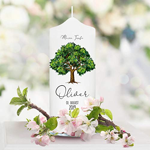 Wandtattoo Loft Taufkerze für Paten Lebensbaum Eiche Baum - Patenkerze Mädchen Junge Kerze weiß 18 x 7 cm mit Name und Datum