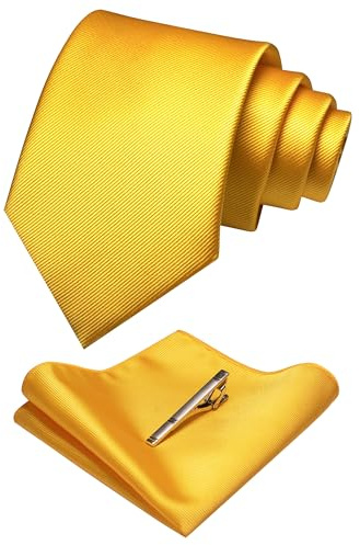 RBOCOTT Silk Yellow Tie and Pocket Square Necktie Tie Clip Set for Men (yellow2)