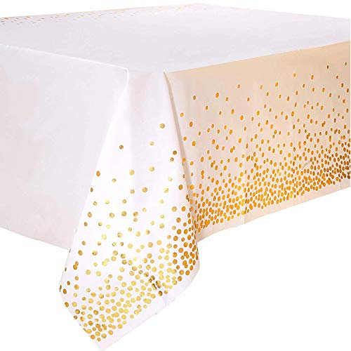 4 Stück Weiß und Gold Party Tischdecke für Rechteck Tisch, Gold Dot Confetti Geburtstag Tischdecke für Braut Shower, Jahrestag, Verlobung, Hochzeit, Einweihungsparty, Weihnachten137 cm x 274 cm