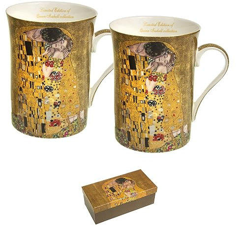 Queen Isabell Lot de 2 tasses à café en porcelaine avec cuillère Motif baiser de klimt 250 ml