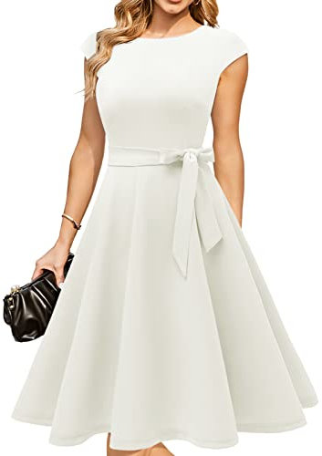DRESSTELLS Robe Cocktail Mariage Vintage Robe Casual Femme Robe baptême col Rond Manches Courtes White XL