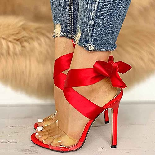 MIAOZHANG Damen High Heels Stiletto Sandale Stiletto Absatz Sandalen Riemchen Peep Toe Sandaletten Abend Sandalen,Rot,EU43