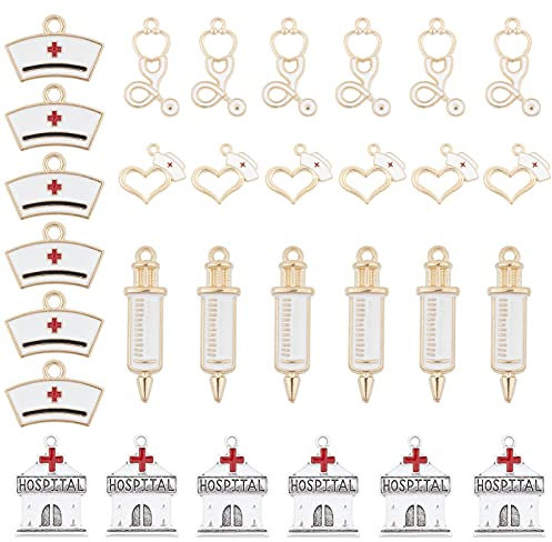 SUNNYCLUE 30Stück 5Stile Emaille Medizinische Krankenschwester Splitter Stethoskop Spritze Krankenschwester Cup Hut Herzform Anhänger Schmuckherstellung Für DIY Halskette Ohrring Zubehör Zubehör