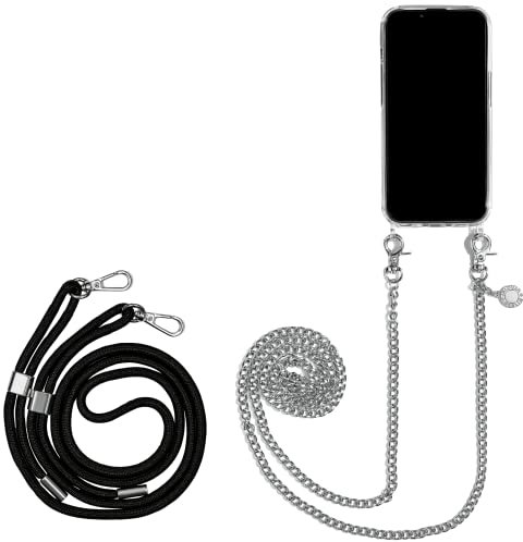 Jalouza Collana per cellulare, cordoncino e custodia compatibile con iPhone 13 Pro Max, catena a maglie in argento e cordino, colore nero-argento Plus, da appendere al collo