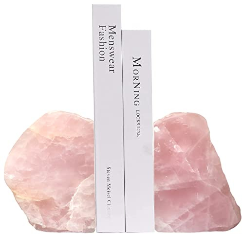 RXSTONES Rose Quartz Bookends Pink Crystal Decorative Book Ends Office Home Decor Small 1 Pair 2-3 Lbs