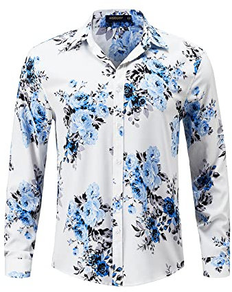 HISDERN Mens White Floral Shirt Long Sleeve Casual Funky Button Down Fancy Shirts for Men Regular Fit L