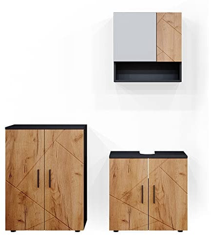 Vicco Badmöbel-Set Irma, Anthrazit/Eiche, 3 Teile, mit Unterschrank 60 cm