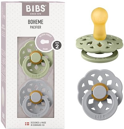 BIBS Boheme Schnuller 2er-Pack. BPA-frei. Kirschform Nippel, Größe 2 (6-18 Monate), Sage/Cloud
