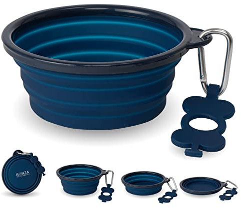 Bonza Medium Collapsible Dog Bowl 750 mL, Sturdy Reinforced Rim, Includes Carabiner & Water Bottle Holder Keychain, Navy