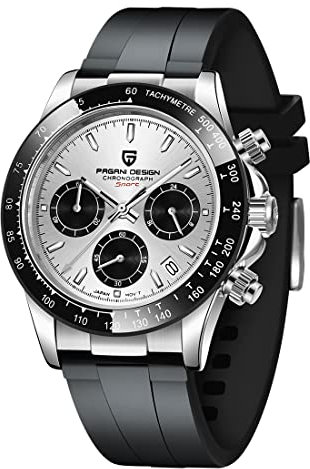 RollsTimi Pagani DesignHerren-Multifunktions-Sportuhr Quarz-Chronograph Uhrwerk Japan VK63 Edelstahlarmband Wasserdicht 100M (Weiß KC-1664)