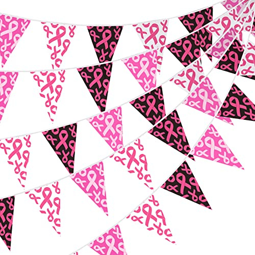 Hestya 15 m Bannière Octobre Rose Deco, Dynamique | 49 Pieds, 7,4 x 10,8 Pouces, Drapeaux Triangulaires, Ruban Rose, Espoir, Foi, Courage, Pour Fête du Cancer du Sein