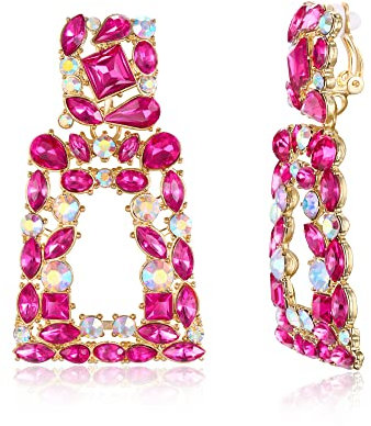EVER FAITH Rechteckige Ohrclips für Damen funkelnde Strasssteine geometrische Statement Ohrringe Clips on Fuchsia-Rot