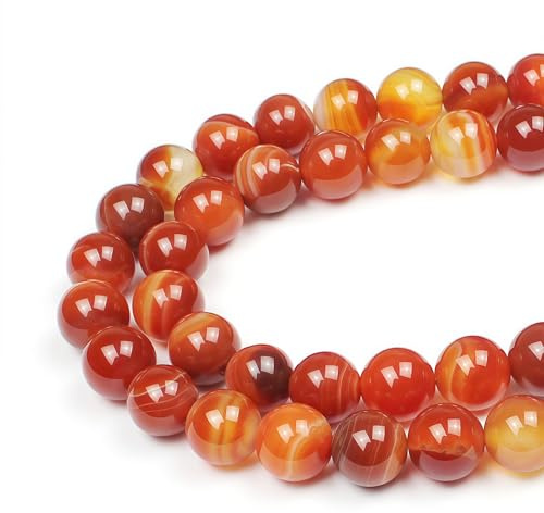 MJDCB Natural Round Stone Beads 12mm Red Striped Agate Loose Gemstone Beads for Jewelry Making Bracelet Necklace 30pcs