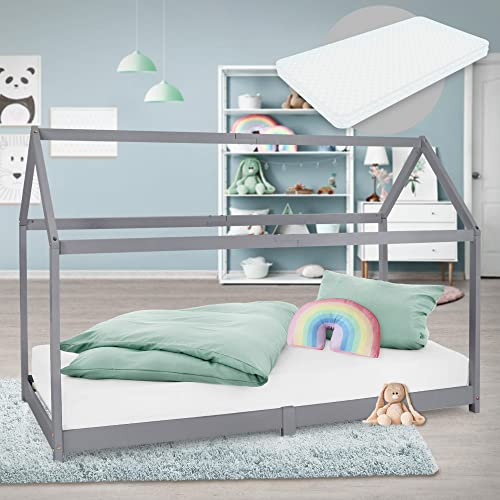 ML-Design Kinderbett 90x200 cm Hellgrau mit Matratze H:10 cm, Dach, Lattenrost, Kinderhaus aus Kiefernholz, Bodenbett Jugendbett, Mädchen & Jungen Hausbett, Holzbett Kinder Bett Bettenhaus Spielbett