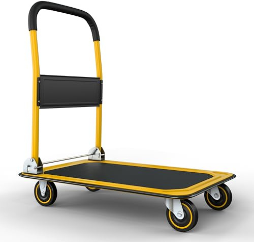 Lifetime Home Faltbarer Schiebewagen | 150 kg Kapazität bewegliche Plattform Handkarre | robust platzsparend zusammenklappbar | Schwenkgriff Flachbettwagen – Gelb & Schwarz