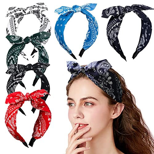 6 Stück Haarreifen Schleife Damen 6CM Breit Stirnband Paisley Schleife Haarband Kopfband Vintage Haarschmuck Kopfbedeckung mit Knoten für Mädchen Alltag Konzerte Party