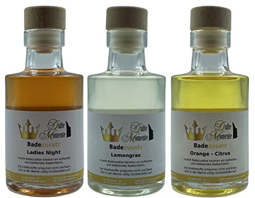 Dufte Momente Badezusatz 3 x 100ml - Ladies Night (Erdbeere, Vanille), Lemongras und Orange-Citrus - hochwertiges Badeöl in attraktiver Glasflasche mit Korkmündung