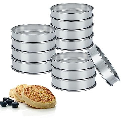 MIVIDE 12PCS 10cm Crumpet Rings, Non Stick 4 Inch Muffin Ring Cookie Rings for Baking, Stainless Steel Tart Rings, Pastry Rings for Baking Cookie Desserts Pancake Muffin