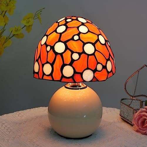 Tiffany style coloré verre orange champignon lampe chambre chevet Art table de chevet caractéristiques LED petite lampe de nuit unique mignon enfants filles décoration Vintage lampe de table en cérami