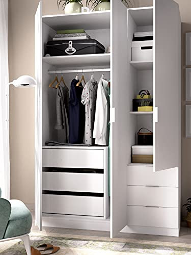 DEKIT Pack Armario de 3 Puertas y 3 cajones + Cajonera Interior, Blanco, Essen