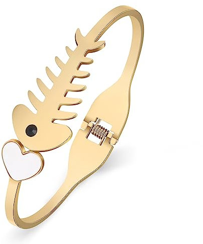 DOWAY Niedliche Fischgräten-Armreif Armbänder für Frauen Mädchen 18 Karat vergoldet Edelstahl Herz Fischgräten Zubehör Charms, Medium, Edelstahl, Strasssteine
