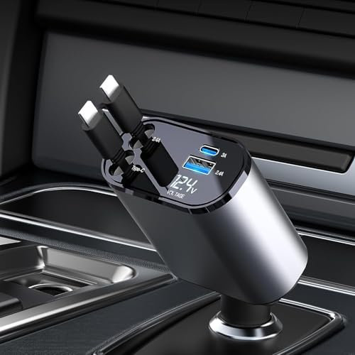 Aimtel Chargeur de Voiture rétractable 60 W,Chargeur téléphone 4 en 1,câbles Charge Rapide et Adaptateur de Chargeur de Voiture 2 Ports USB,pour iPhone 15/iPad,Galaxy/Google/Huawei