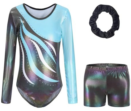Sinoeem Gymnastikanzug Kinder Mädchen mit Haarband und Tanz Shorts, Langarm/Ärmellos Turnanzug Ballettröckchen Kleid Trikotanzug Tanz Kleid Gymnastik Dancewear (Blau-Langarm, 9-10 Jahr)