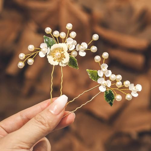 IYOU Mariage Fleur Épingle à cheveux Perle Dorée Mariée Pièce de Coiffure Feuilles Demoiselle D'honneur Mariées Accessoires de Coiffure pour Femmes et Filles (2 Pièces)