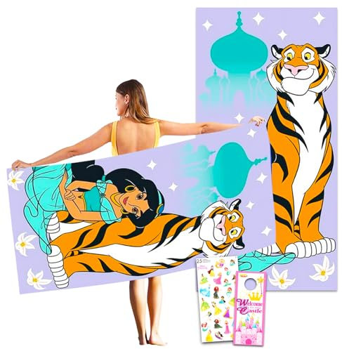 Disney Princess Jasmine Badetuch-Set für Kinder – Set mit 68,6 x 137,2 cm Aladin-Strandtuch und Aufklebern, mehr | Prinzessinnen-Jasmin-Badezimmer-Set für Mädchen